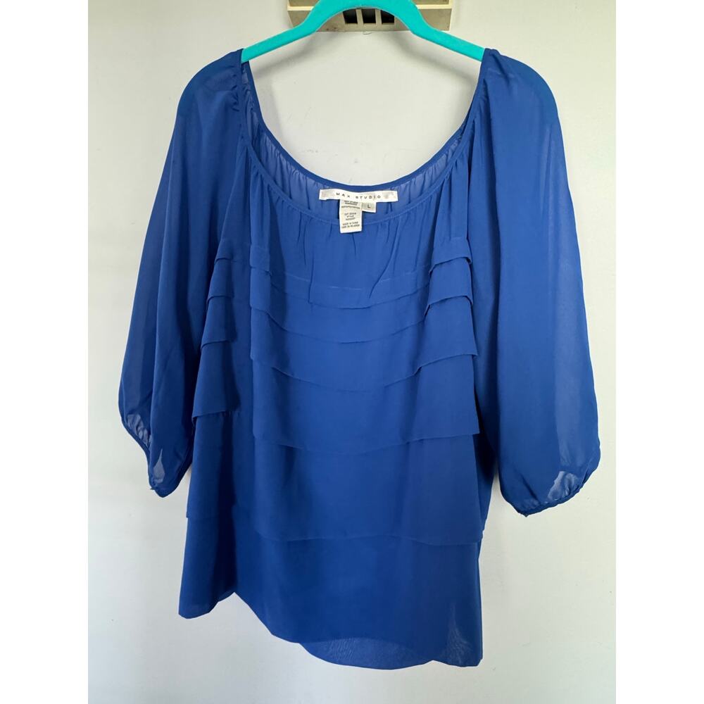 Max Studio Women Blue Sheer Blouse Ruffle Top 3/4 Sleeve Lightweight Size L